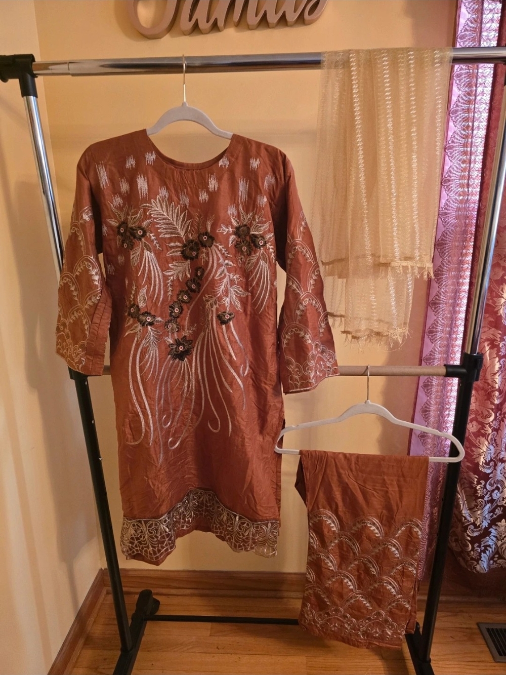 Rust Brown Embroidered Kurti Set